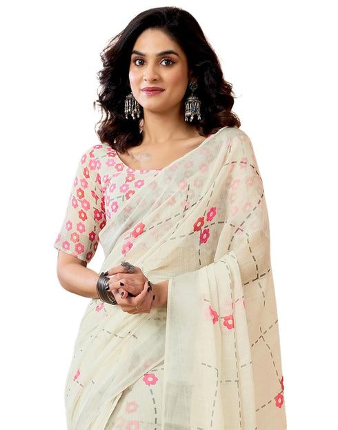 Vasthrlay Womens Printed Off White Saree With Unstitched Blouse Piece