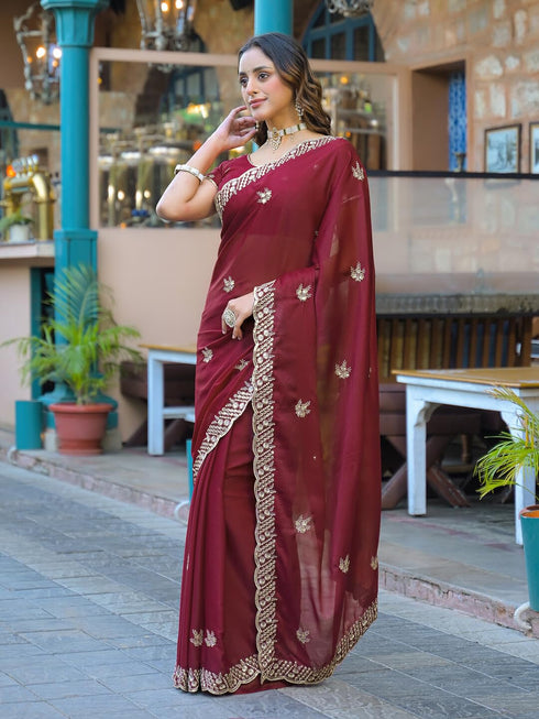 Vasthrlay Georgette Embroidery Unstitched Coral Saree