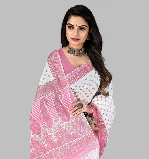 Vasthrlay Cotton Blue White Saree