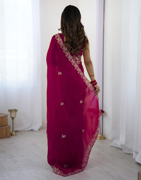 Vasthrlay Scalloped Embroidery Unstitched Rani Pink Saree
