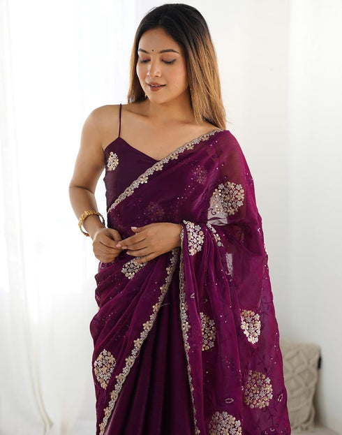 Vasthrlay Sequence Embroidery Unstitched Red Saree