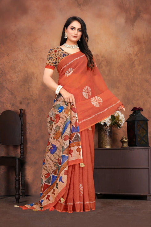 Vasthrlay Pure Linen Cotton Orange Saree with Kalamkari Print Border