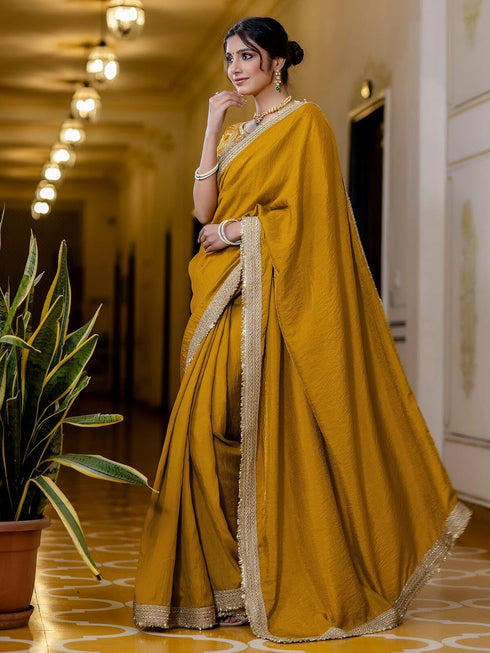 Vasthrlay Womens Blouse Mustard Yellow Saree With Unstitched Blouse Piece