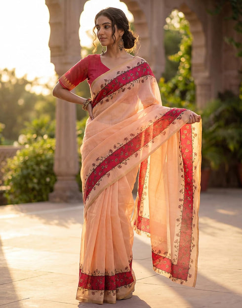 Vasthrlay Womens Printed Unstitched Peach Saree