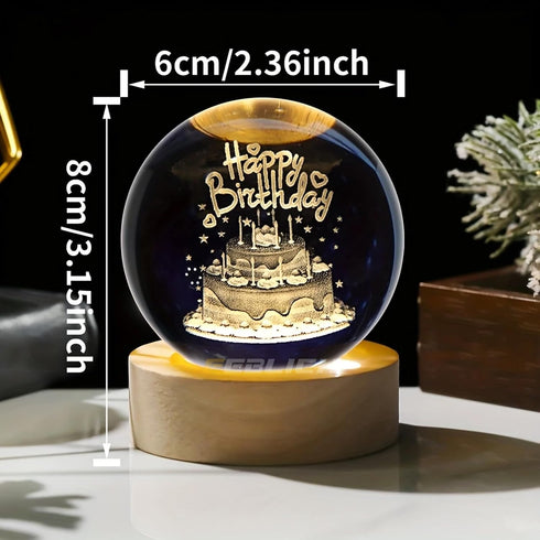 3D Crystal Happy Birthday Lamp, Engraved Crystal Ball LED Night Light with Wooden Base