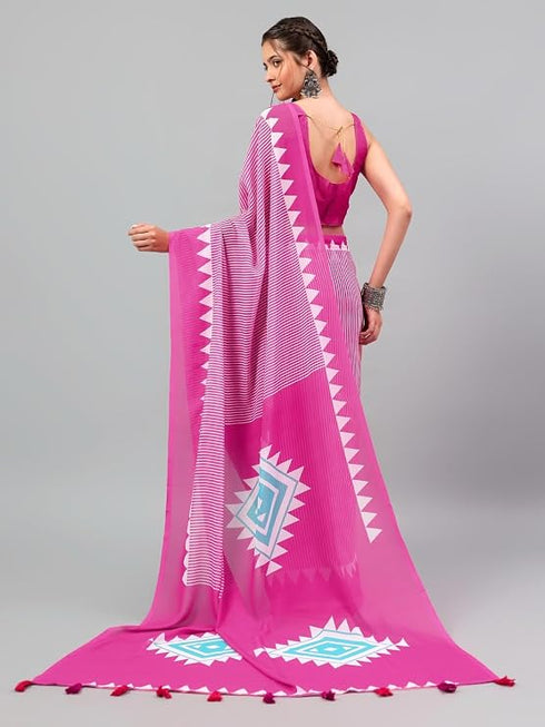 Vasthrlay Pink Floral| Solid| Striped Design Georgette Saree With Unstitched Blouse Piece
