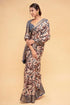 Vasthrlay Indigo Mocha Geometric Print Polyester Saree With Dull Gold Zari Border And Unstitched Blouse Piece