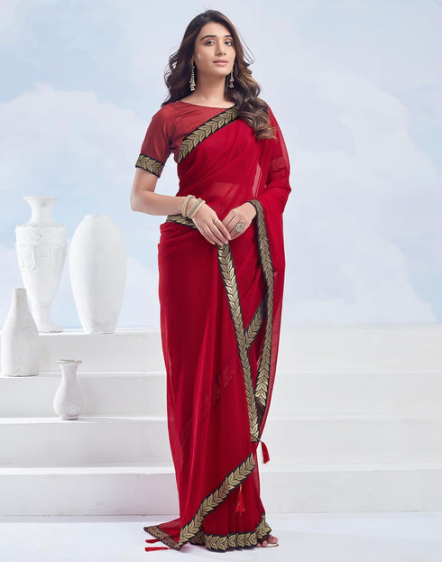 Vasthrlay Georgette Boarder Unstitched Red Saree