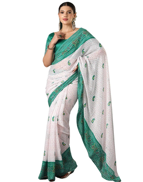Vasthrlay Georgette Bandhani Unstitched White Saree