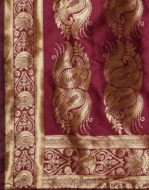 Vasthrlay Womens Jacquard Maroon | Gold Saree With Unstitched Blouse Piece