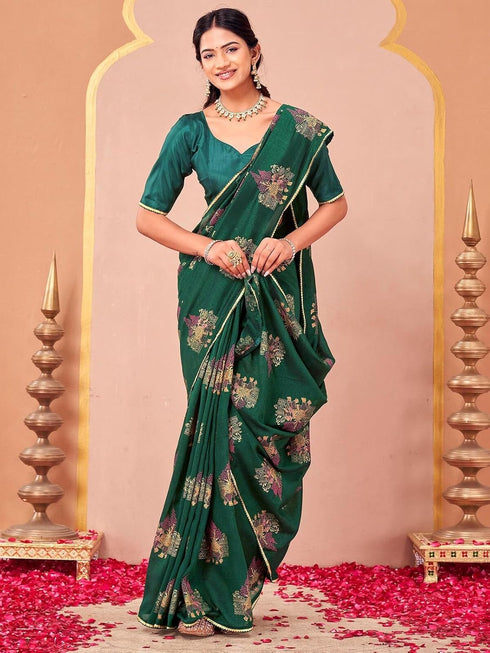 Vasthrlay Vichitra Printed Green Saree With Unstitched Blouse Piece