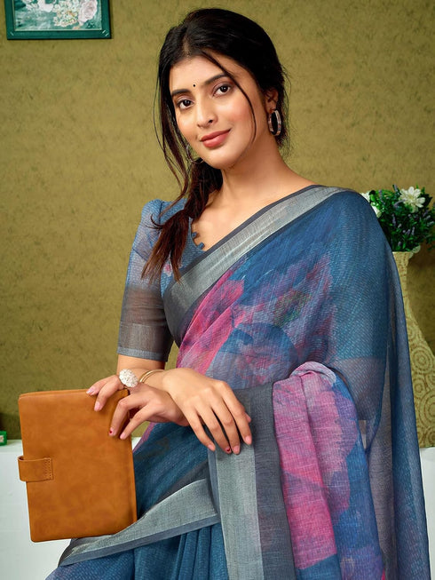 Vasthrlay Digital Printed Teal Blue Saree With Unstitched Blouse Piece