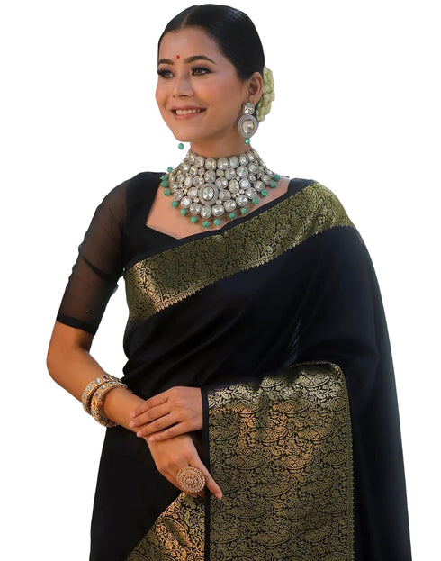 Vasthrlay Banarasi Jacquard Black And Golden Saree With Unstitched Blouse Piece