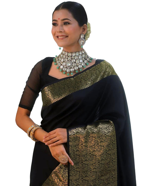 Vasthrlay Banarasi Jacquard Unstitched Dark Green Saree