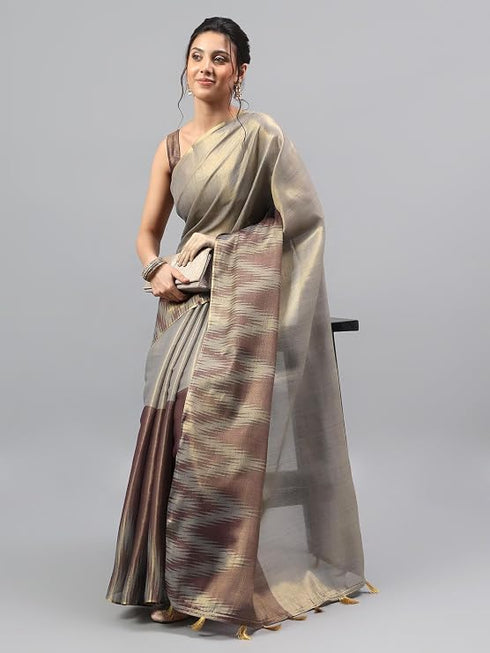 Vasthrlay Rusty Brown Floral And Solid Design Polyester Saree With Unstitched Blouse Piece