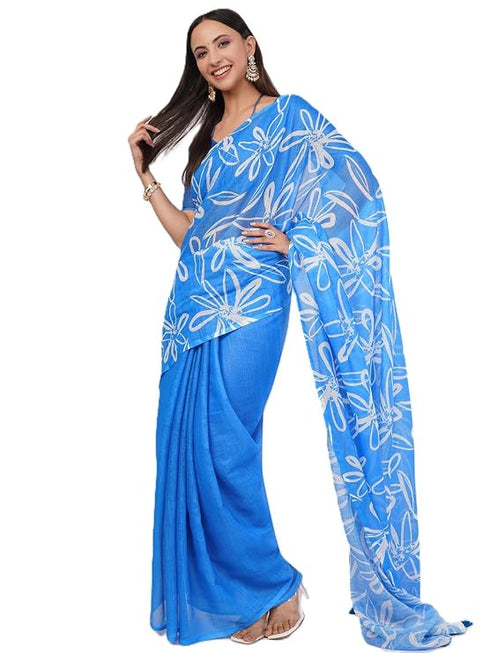 Vasthrlay Blue1 Printed Linen Saree With Unstitched Blouse Piece