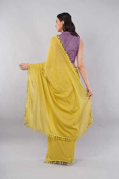 Vasthrlay Mustard Plain Cotton Saree With Pocket And Unstitched Blouse Piece