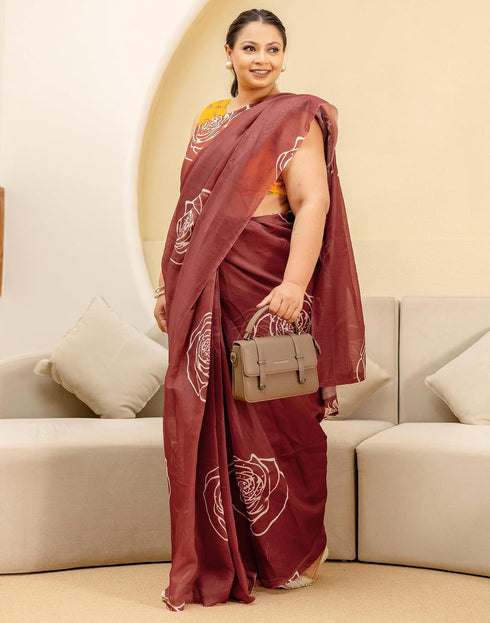 Vasthrlay Chanderi Printed Brown Saree With Unstitched Blouse Piece