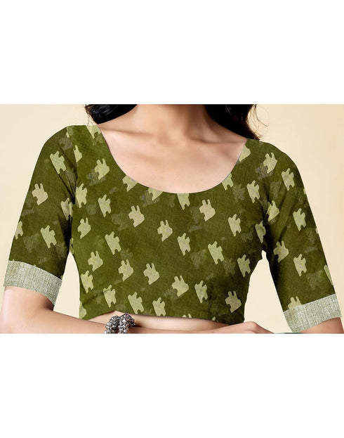 Vasthrlay Bandhani Printed Olive Green Saree With Unstitched Blouse Piece