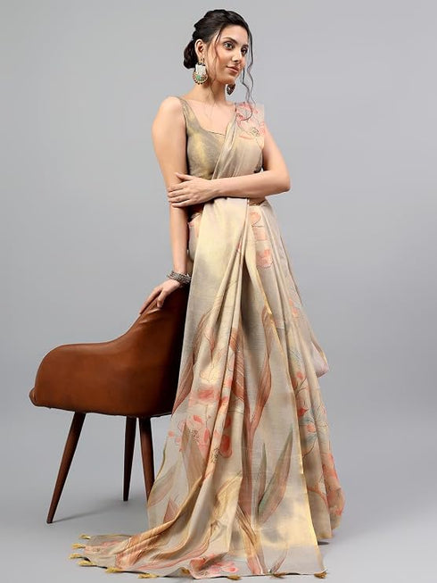 Vasthrlay Gold1 Floral And Solid Design Polyester Saree With Unstitched Blouse Piece