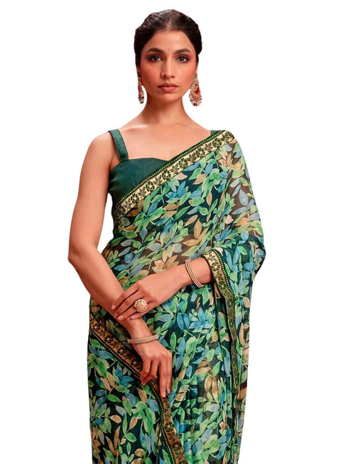 Vasthrlay Chiffon Tassels Unstitched Dark Green Saree