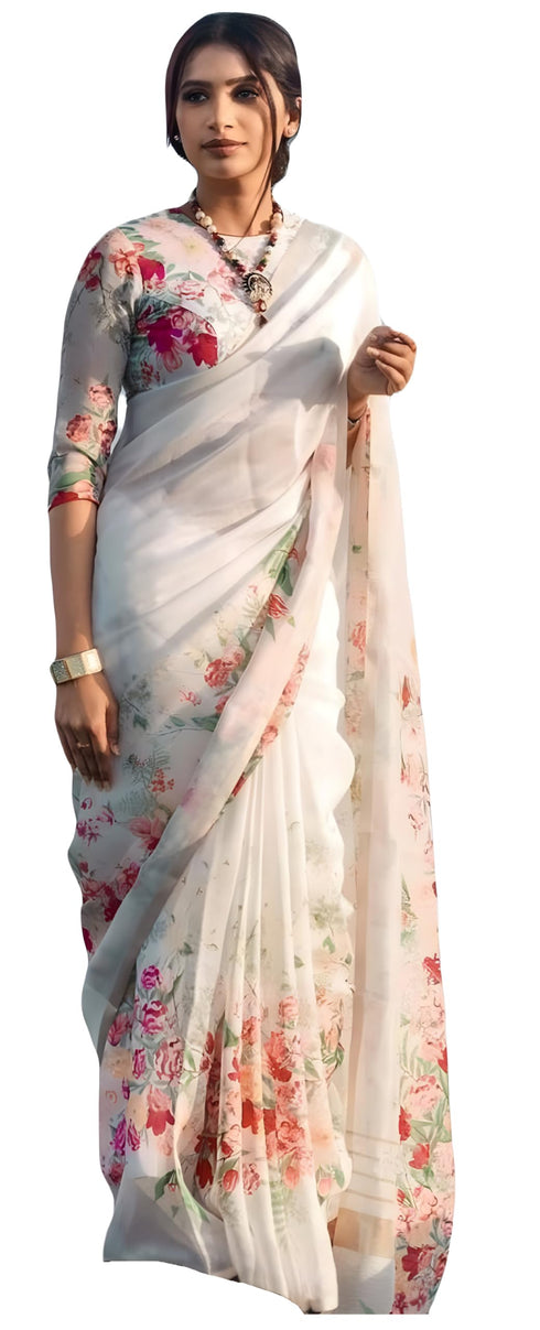Vasthrlay White Printed Unstitched Saree