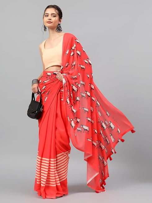 Vasthrlay Red Floral| Solid| Striped Design Georgette Saree With Unstitched Blouse Piece