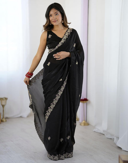 Vasthrlay Scalloped Embroidery Unstitched Rani Pink Saree