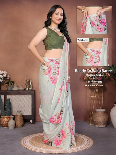 Vasthrlay Off White Digital Print Linen Ready To Wear Saree