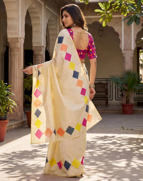 Vasthrlay Chanderi Printed Beige Saree With Multicolour Unstitched Blouse Piece