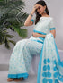 Vasthrlay White Blue Striped | Floral | Solid Print Design Linen Saree With Solid Unstitched Linen Blouse Piece