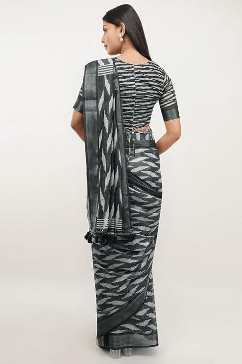 Vasthrlay Grey Paisley Printed Linen Saree With Unstitched Blouse Piece
