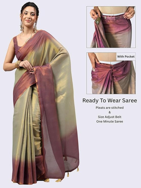 Vasthrlay Beige Womens Ready To Wear One Minute Polyester Erode Zari Saree