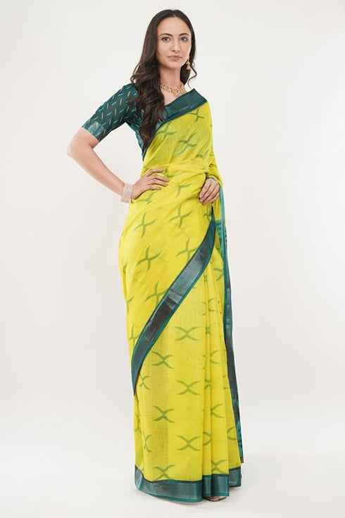 Vasthrlay Womens Off White 3 Botanical Printed Linen Saree With Self Woven Border And Unstitched Blouse Piece