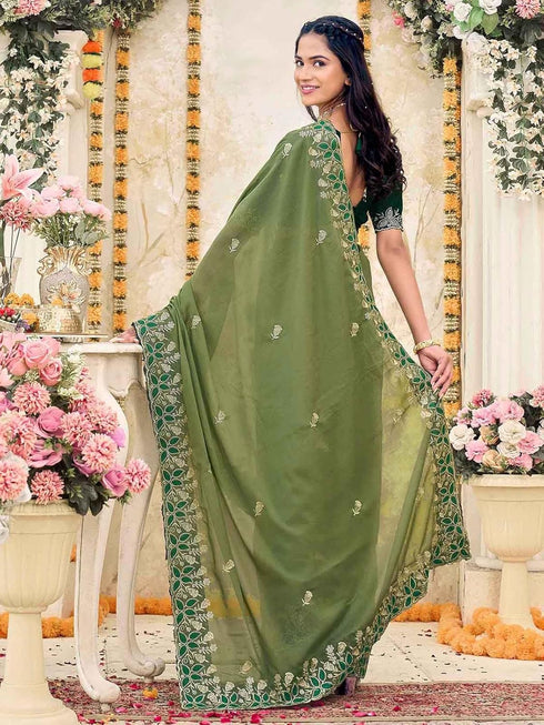 Vasthrlay Georgette Embriodery Dusty Saree