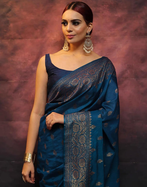 Vasthrlay Banarasi Kanjivaram Unstitched Teal Saree