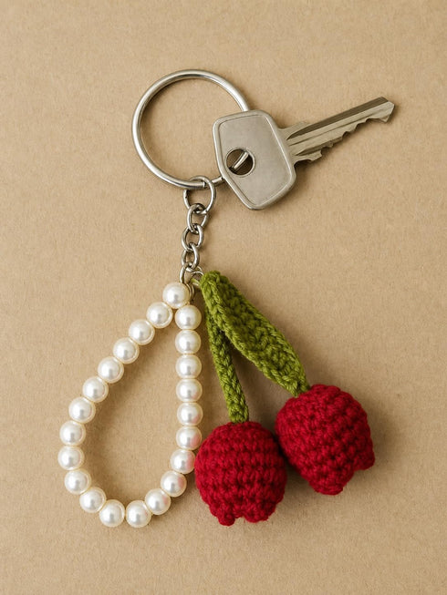 Handmade Tulip Crochet Keychain with Pearl String, Cute Flower Keyring Bag Charm