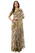 Vasthrlay Olive Beige Abstract Floral Polyester Saree With Zari Border And Ruched Unstitched Blouse Piece