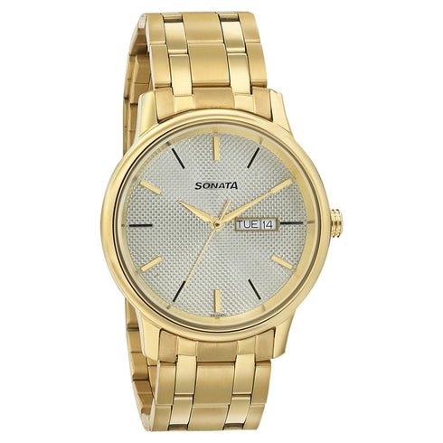Sonata Quartz Analog with Day and Date Champagne Dial Metal Strap Watch for Men Style NU7134YM03