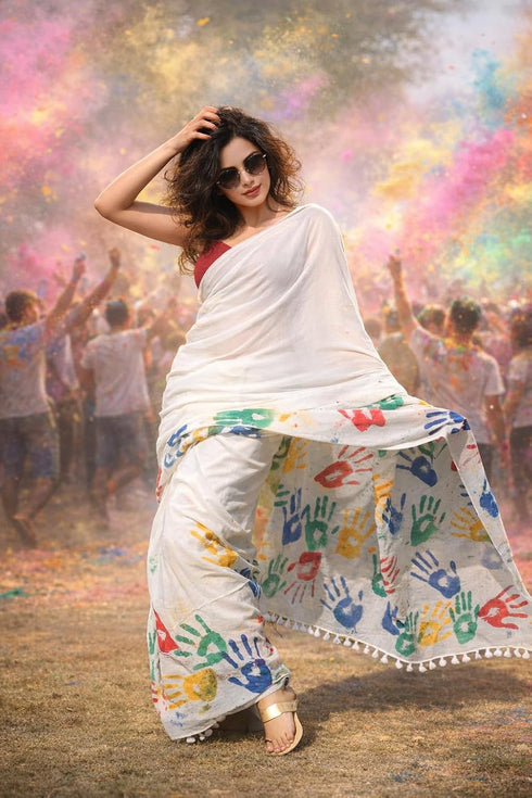 Vasthrlay Chanderi Printed Unstitched Cotton White Free Ethnic Wear