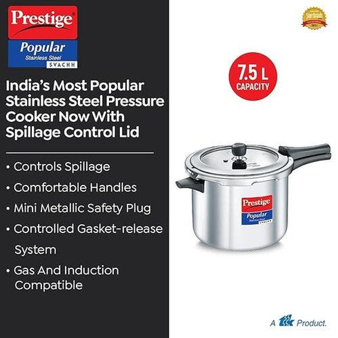 Prestige Popular Svachh Spillage Control SS Pressure Cooker 7.5l 7.5 L