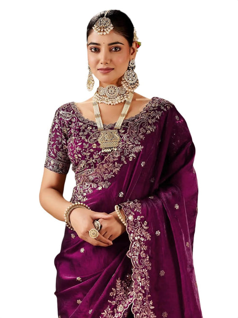 Vasthrlay Scalloped Embroidery Unstitched Rani Pink Saree