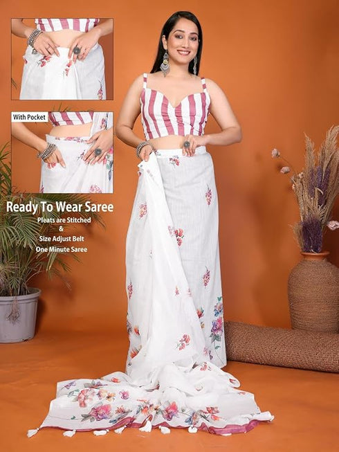 Vasthrlay White Digital Print Linen Ready To Wear Saree