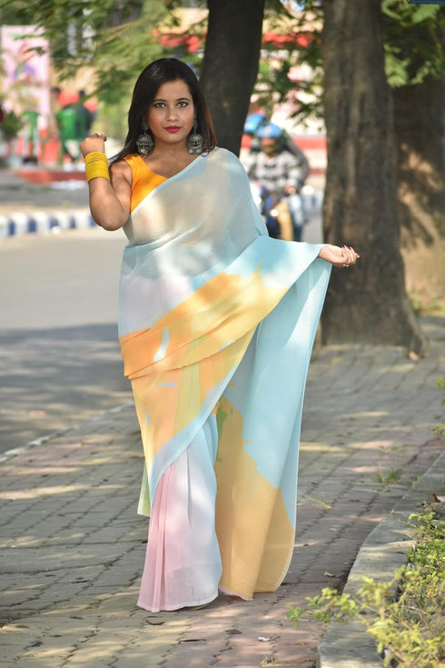 Vasthrlay Crushed Georgette Unstitched Blue Red Ethnic Wear