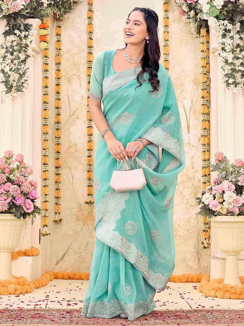 Vasthrlay Scalloped Embroidery Turquoise Saree