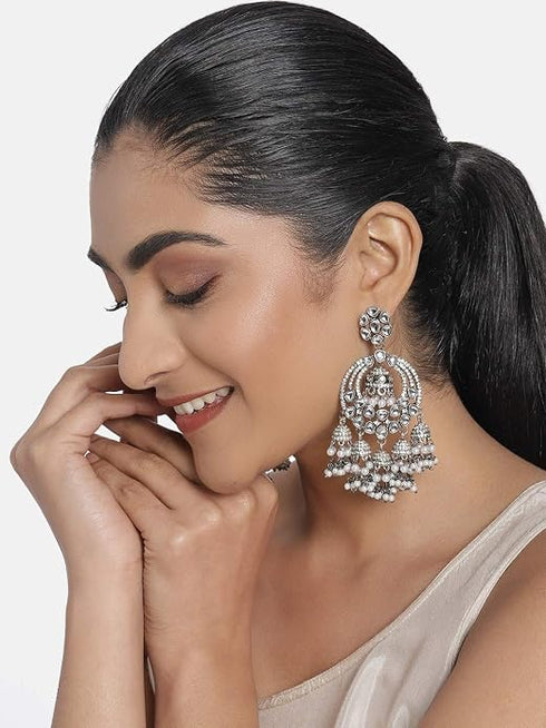 Zaveri Pearls Antique Silver Tone Kundan & Austrian Diamonds Jhumki