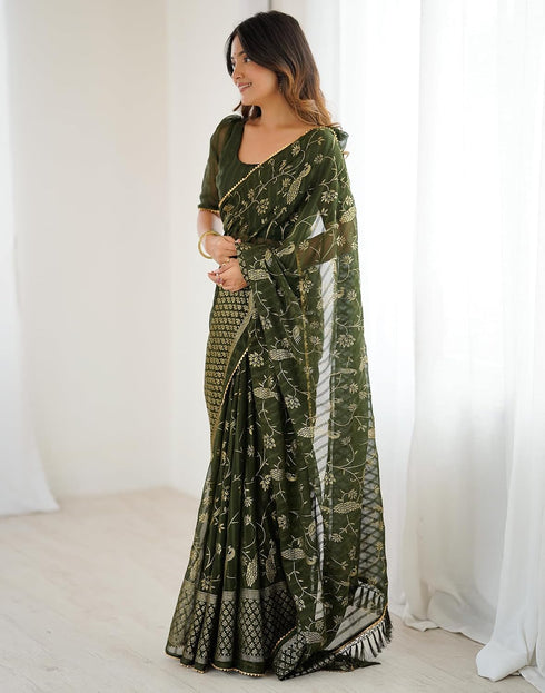Vasthrlay Georgette Weaving Green Saree With Green Unstitched Blouse Piece