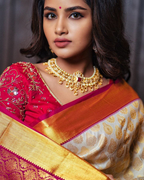 Vasthrlay Cream Banarasi Traditional Saree