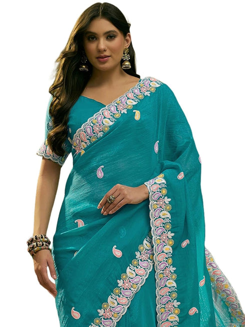 Vasthrlay Chinnon Embroidery Lime Saree