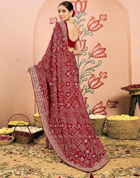 Vasthrlay Georgette Embroidery Unstitched Dark Green Saree